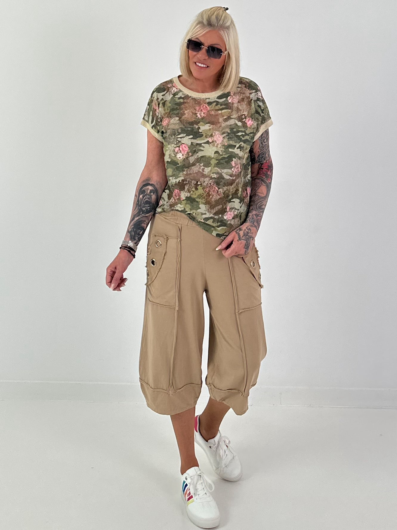 Camouflage shirt with lace inserts - khaki multi-coloured