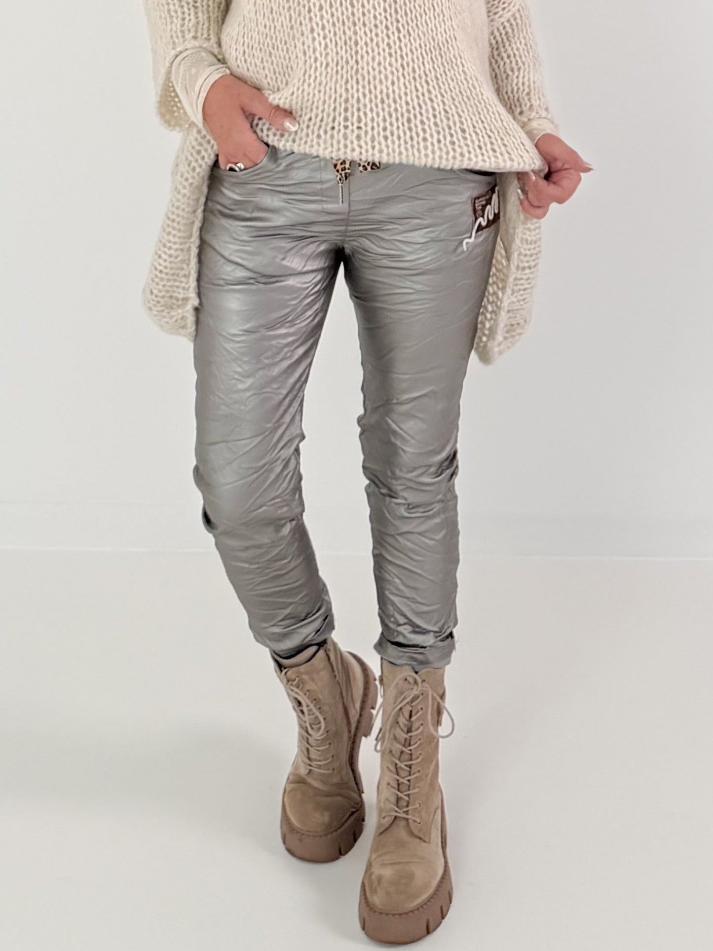 Vegan Leather Trousers with Patch - Silver-Grey