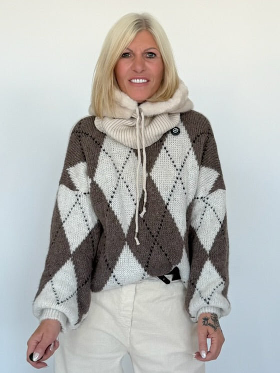Faux-Fur Balaclava mit Strickkragen - beige