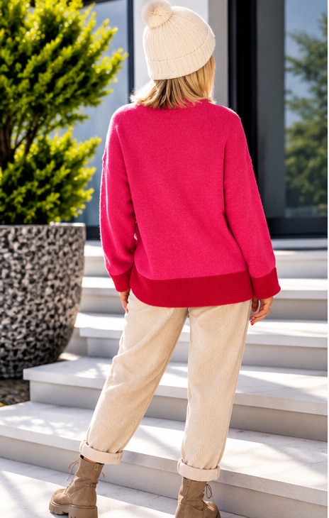 Pullover mit Kontrastsaum - pink-rot