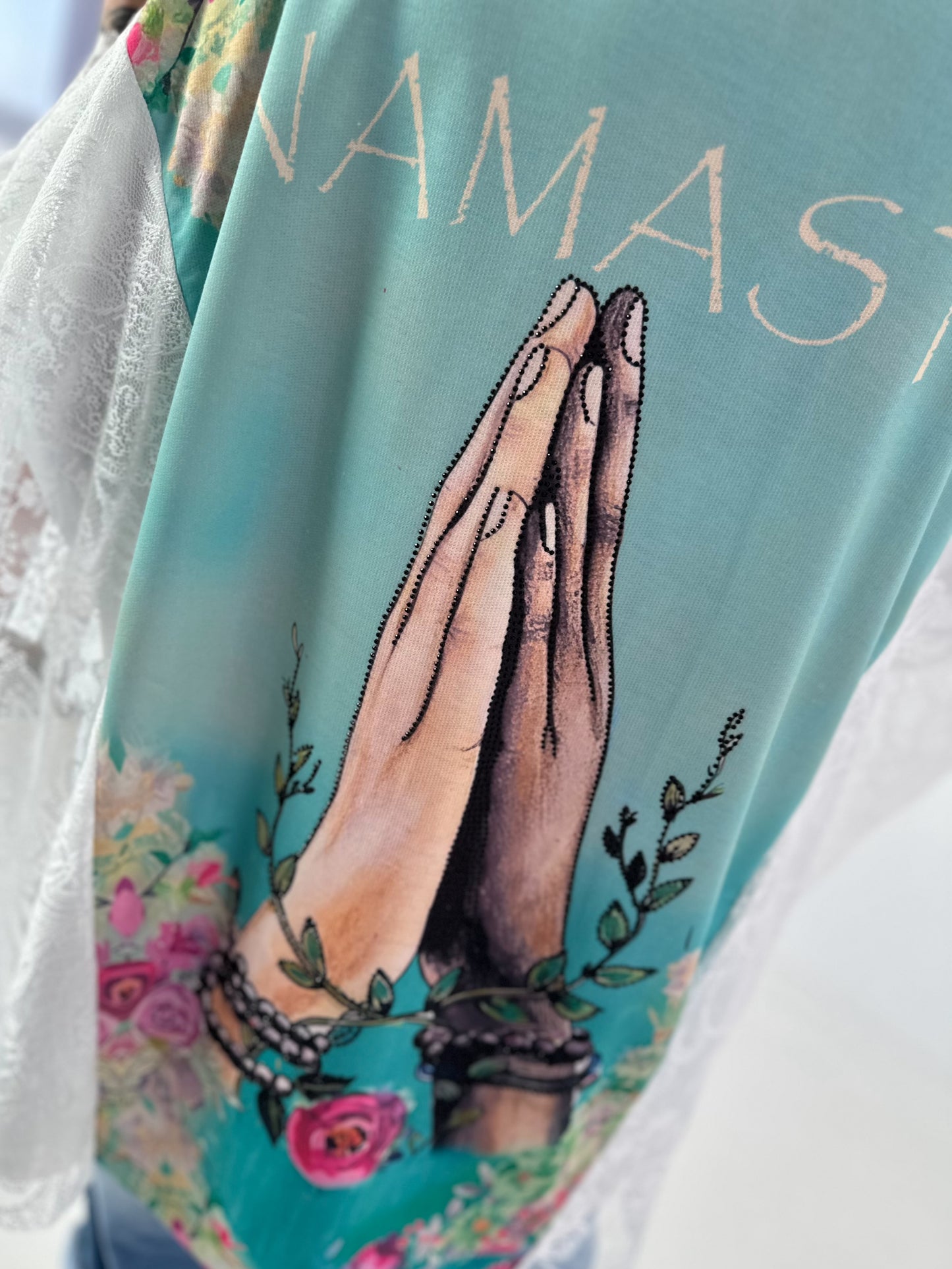 Shirt met print en kanten overlay - turquoise-wit-multicolor