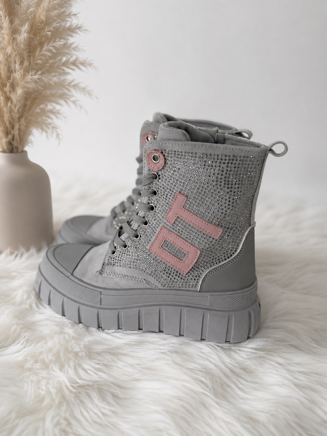 High-top sneakers in suede look with rhinestones - grey