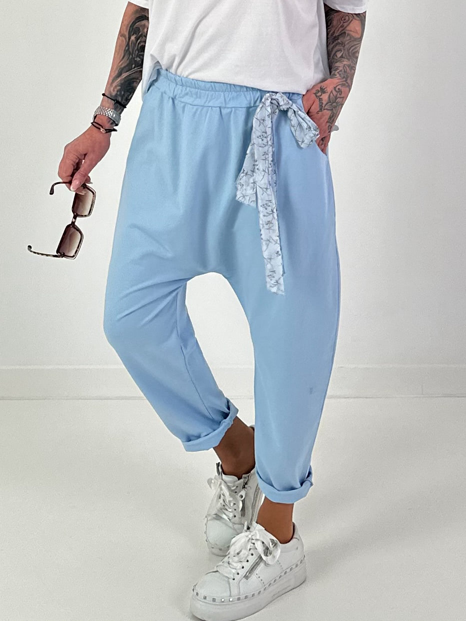 Baggy Trousers with Decorative Scarf - Light Blue