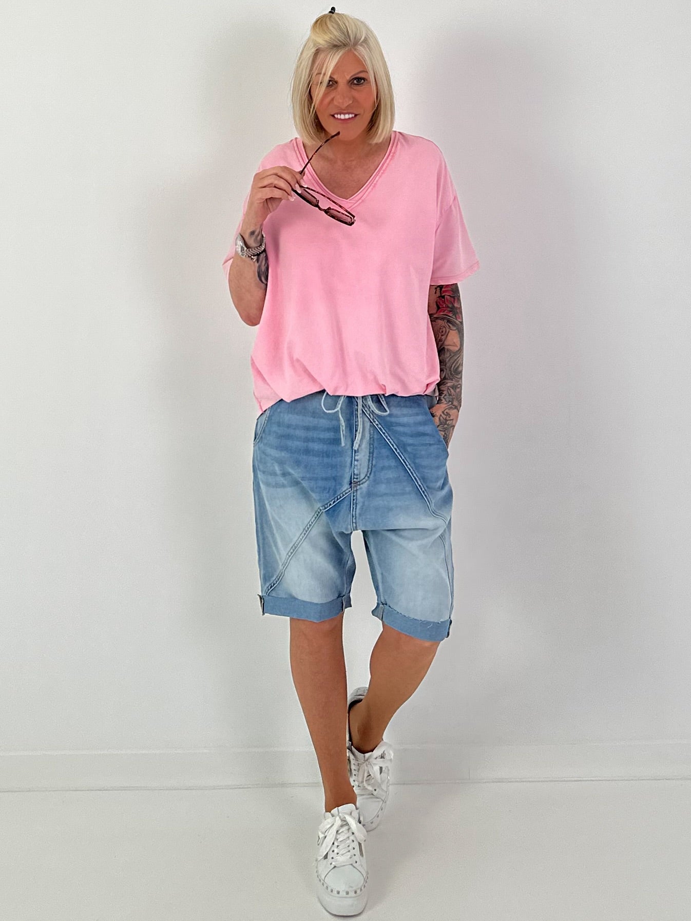 Shirred Hem T-shirt - pink
