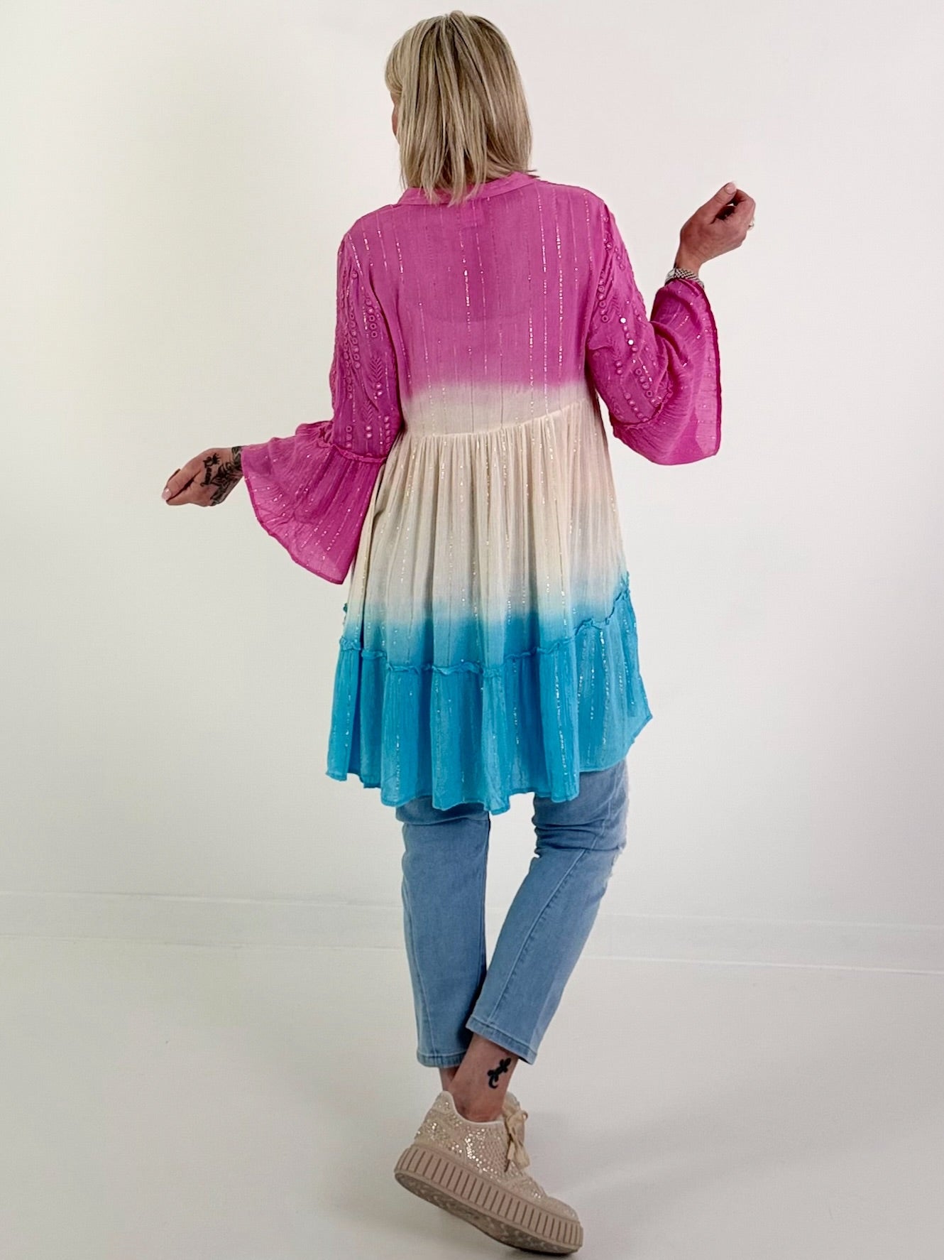 Ibiza Tunika/Kleid mit Lurexnähten - pink-beige-blau