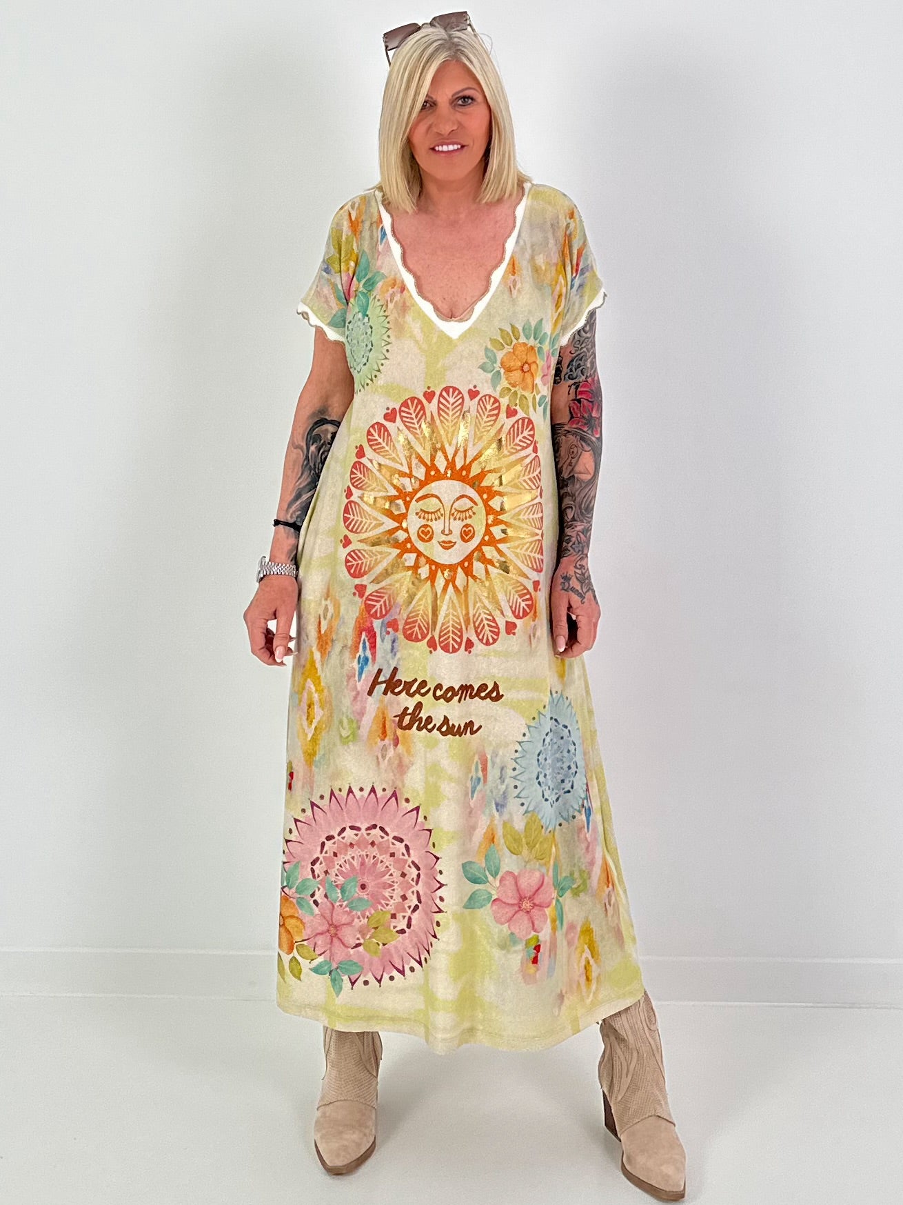 Knitted dress with lurex and sun print - multicoloured