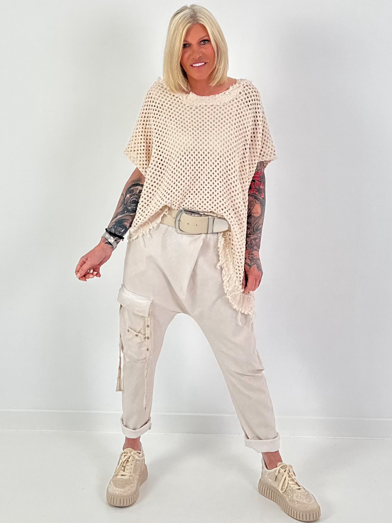 Häkelshirt mit Fransen asymmetrisch - beige