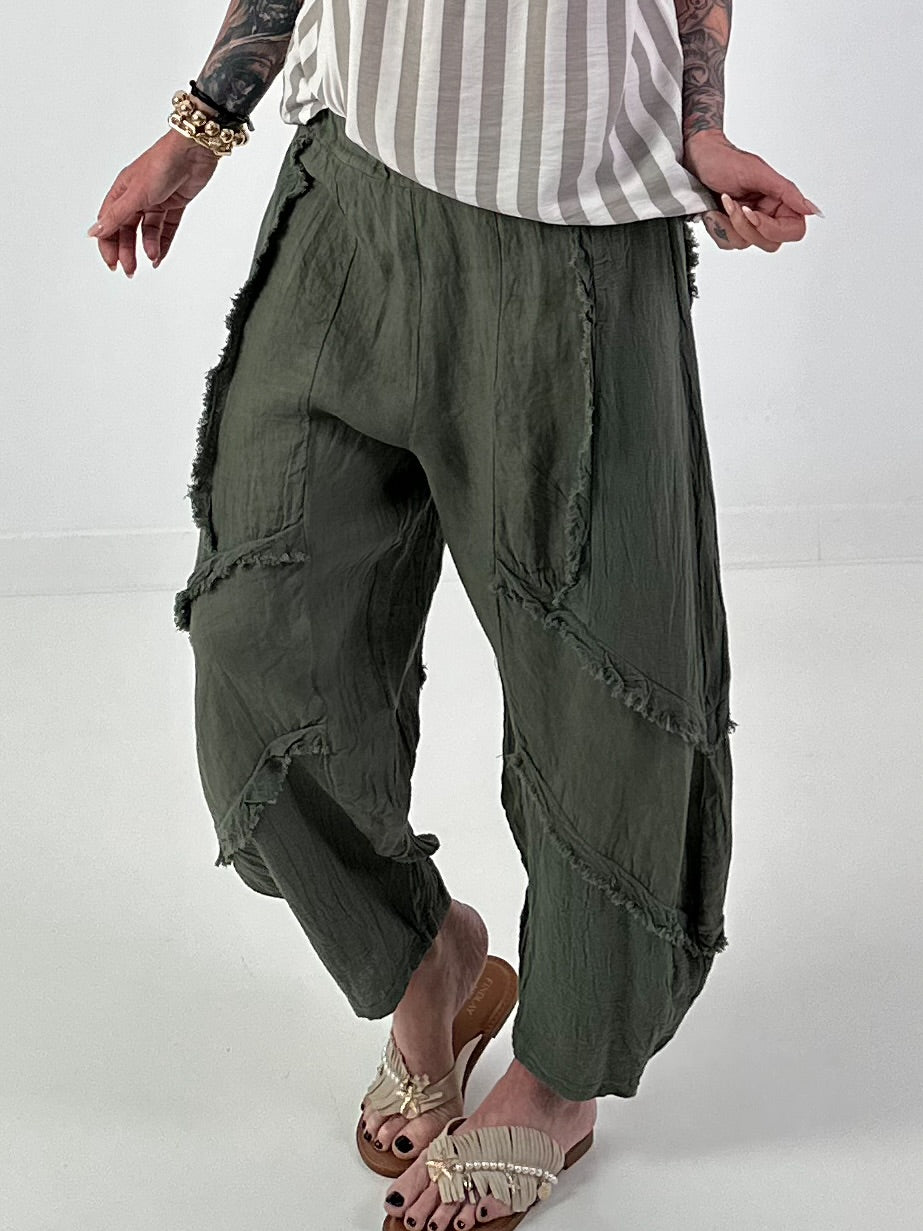 Ballon Leinen Hose mit Fransen Details - khaki