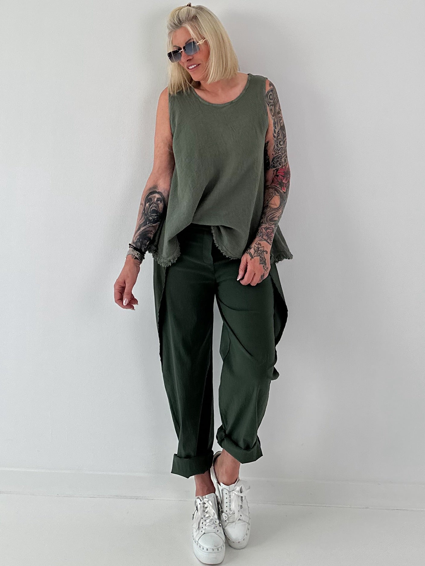 Grobes Leinen/Baumwoll Top - oliv