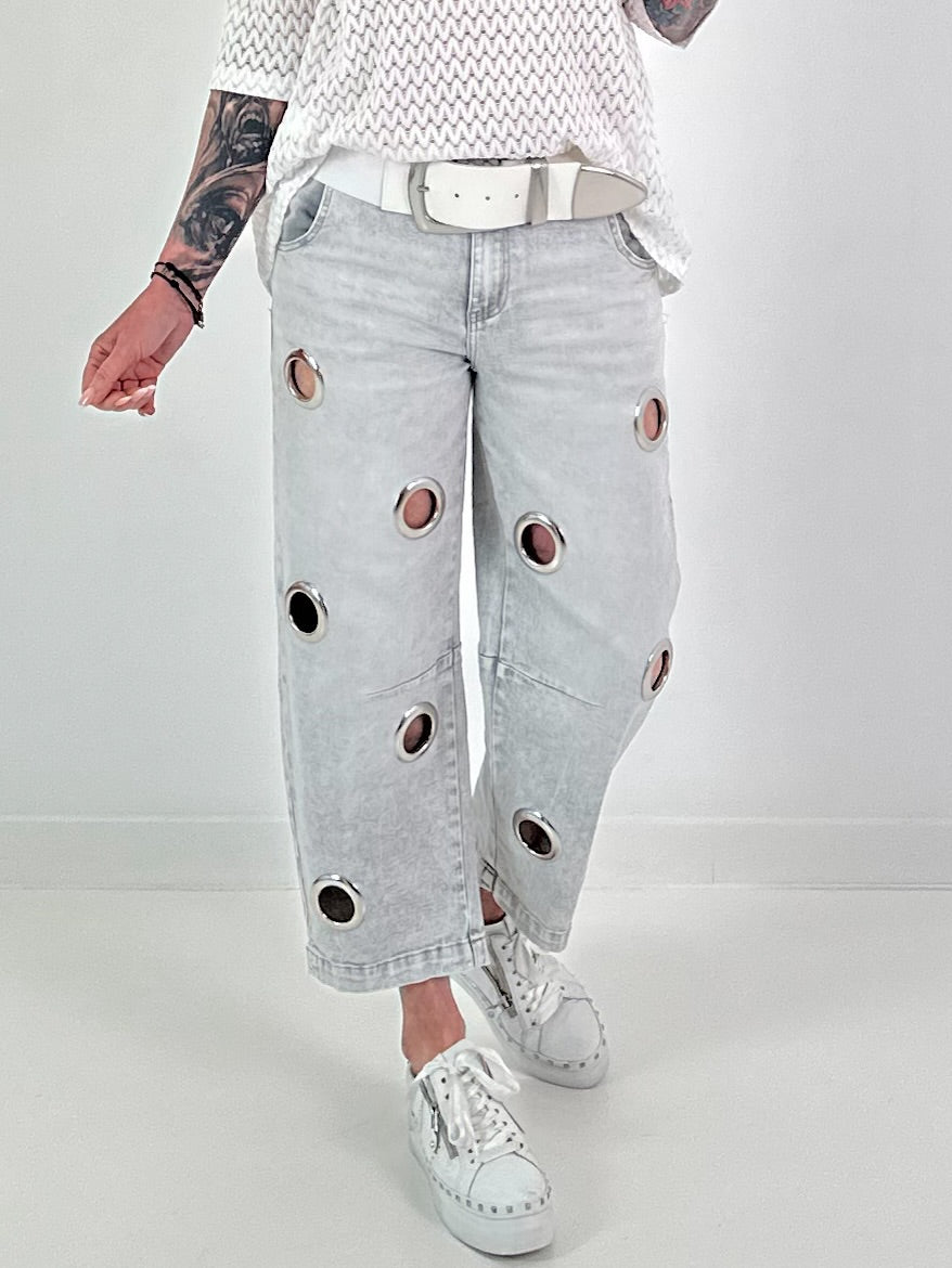 Jeans with silver eyelets - gray