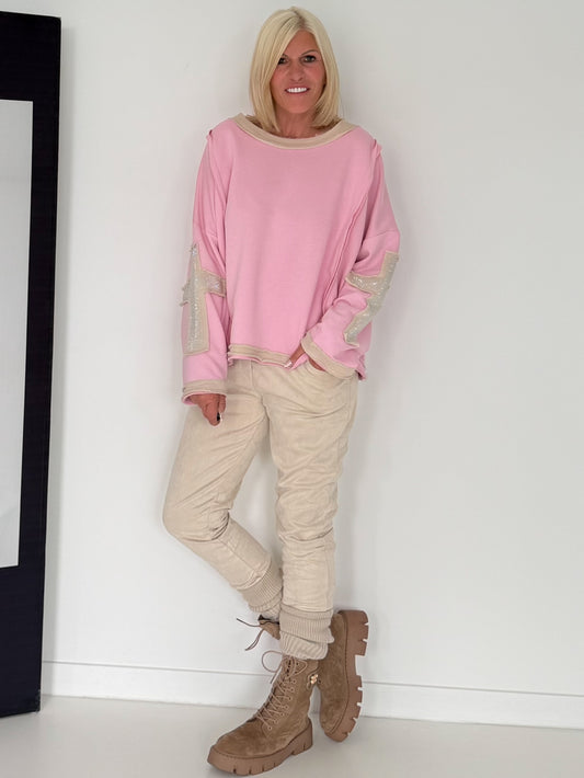 Oversized Sweater mit Strasskreuz - rosa-beige