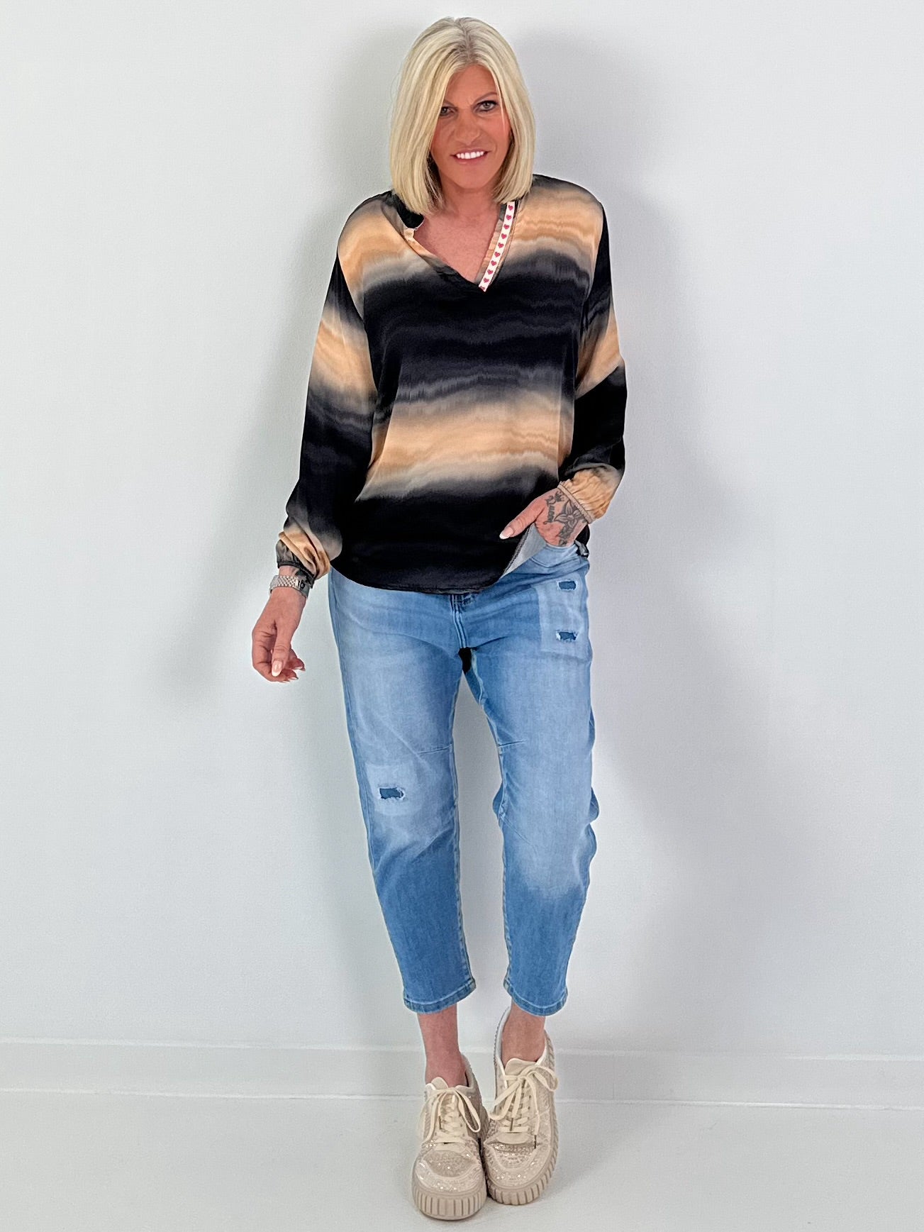 Silk tunic with color gradient and heart details - black-multicolored