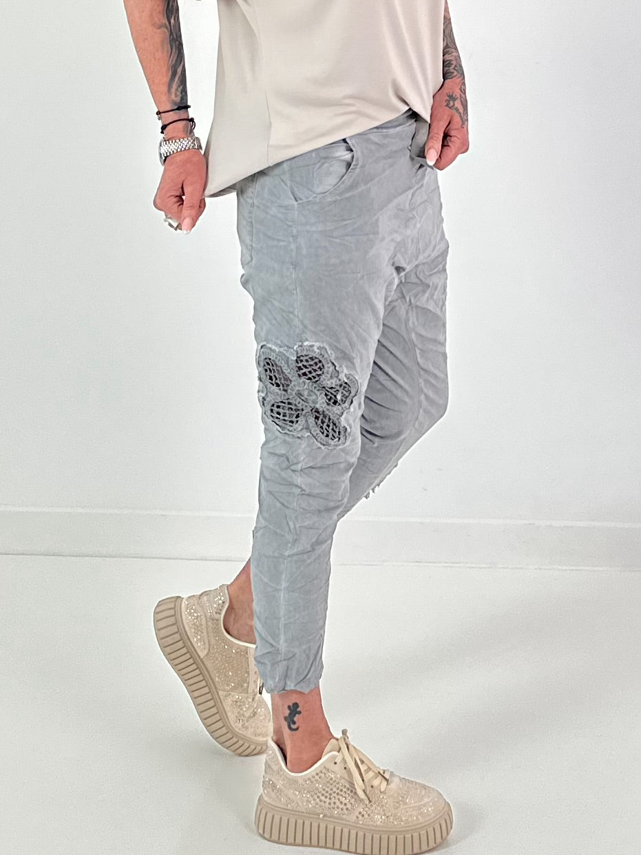Baggy/Boyfriend Trousers with Crocheted Side Flowers - Grey