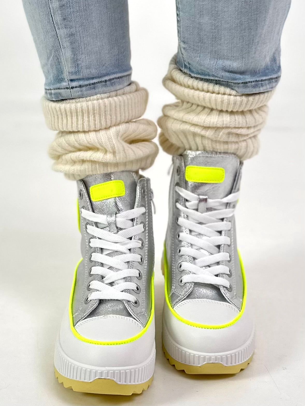 High-top sneaker model "Cat Boost" - silver-neon yellow