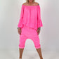 Tunic with gathered round neck and flounce sleeves - neon pink