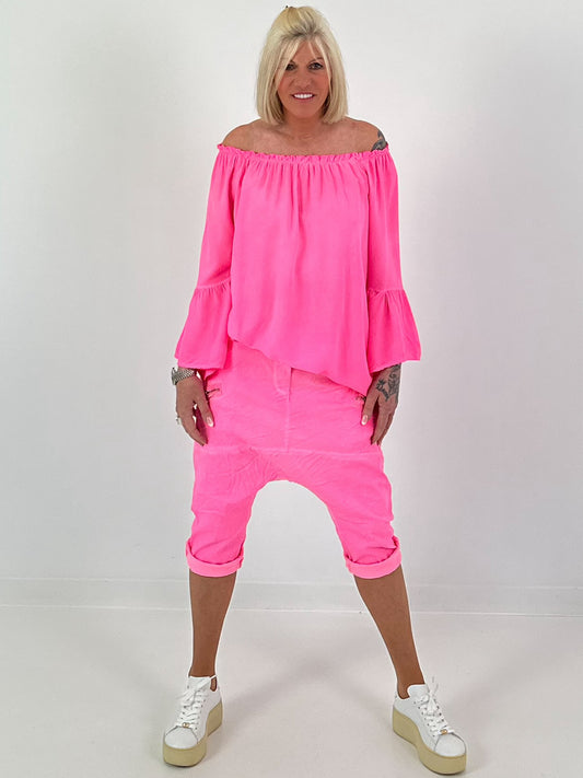 Tunic with gathered round neck and flounce sleeves - neon pink