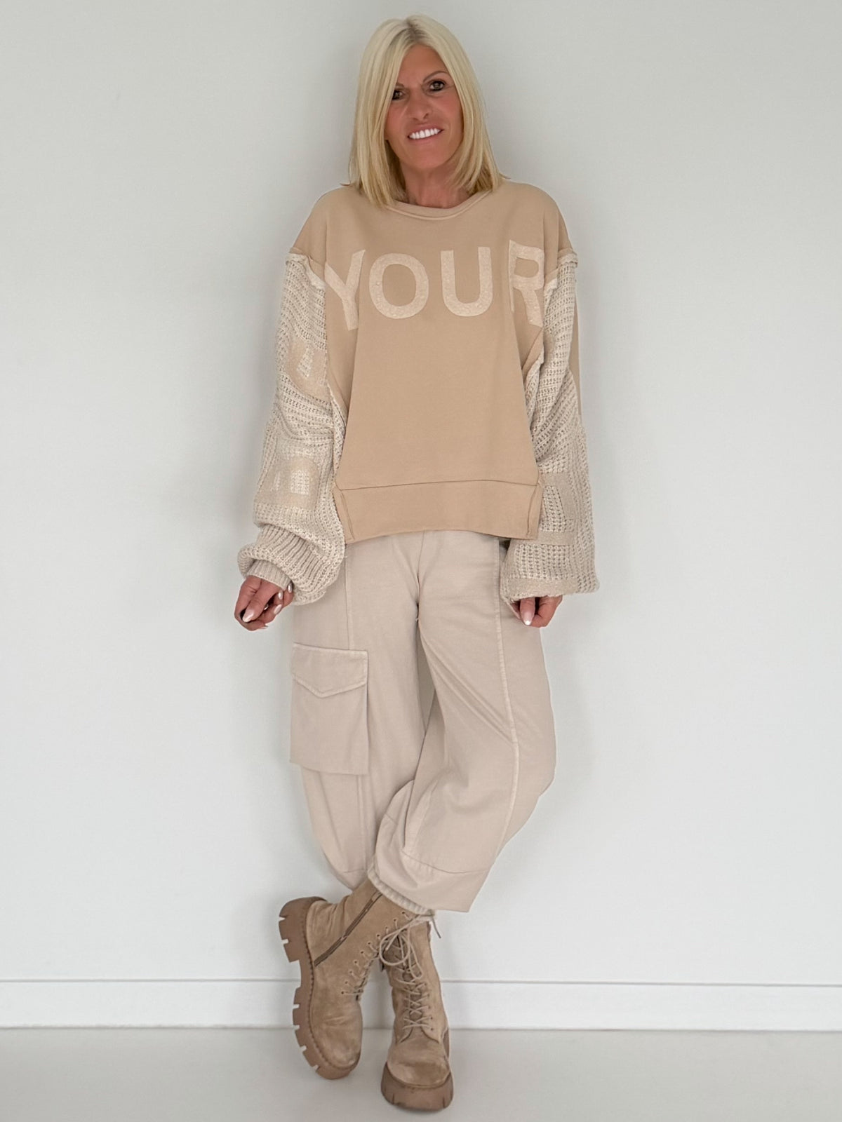 Sweater with knitted inserts - beige