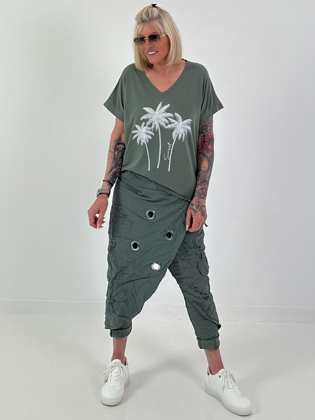 T-shirt with glitter palm trees - khaki