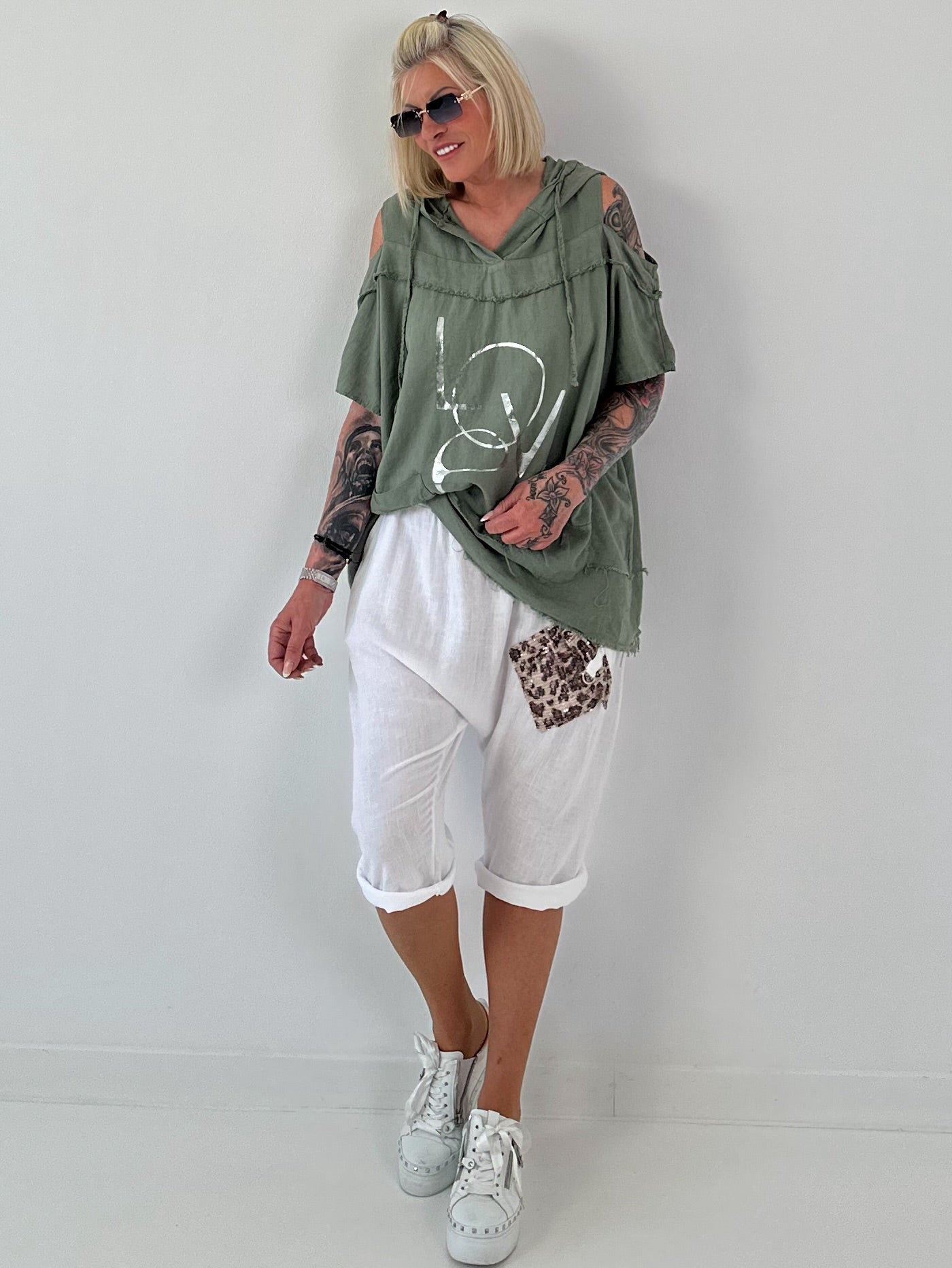 Linen Shirt with Off-Shoulder Cut-Outs Leo - beige