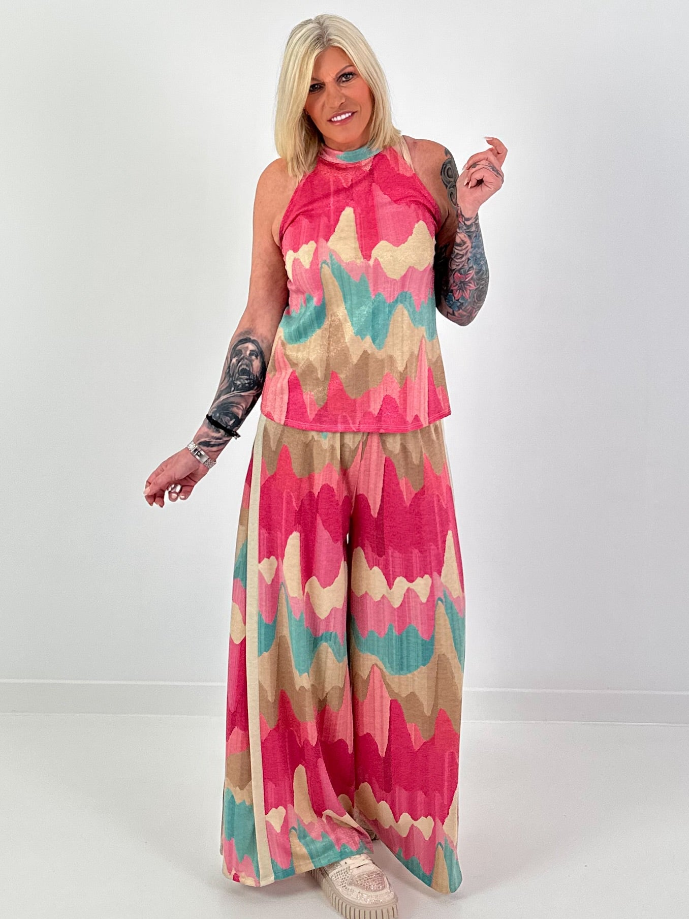 Two-piece with pattern and Lurex - pink-turquoise-beige