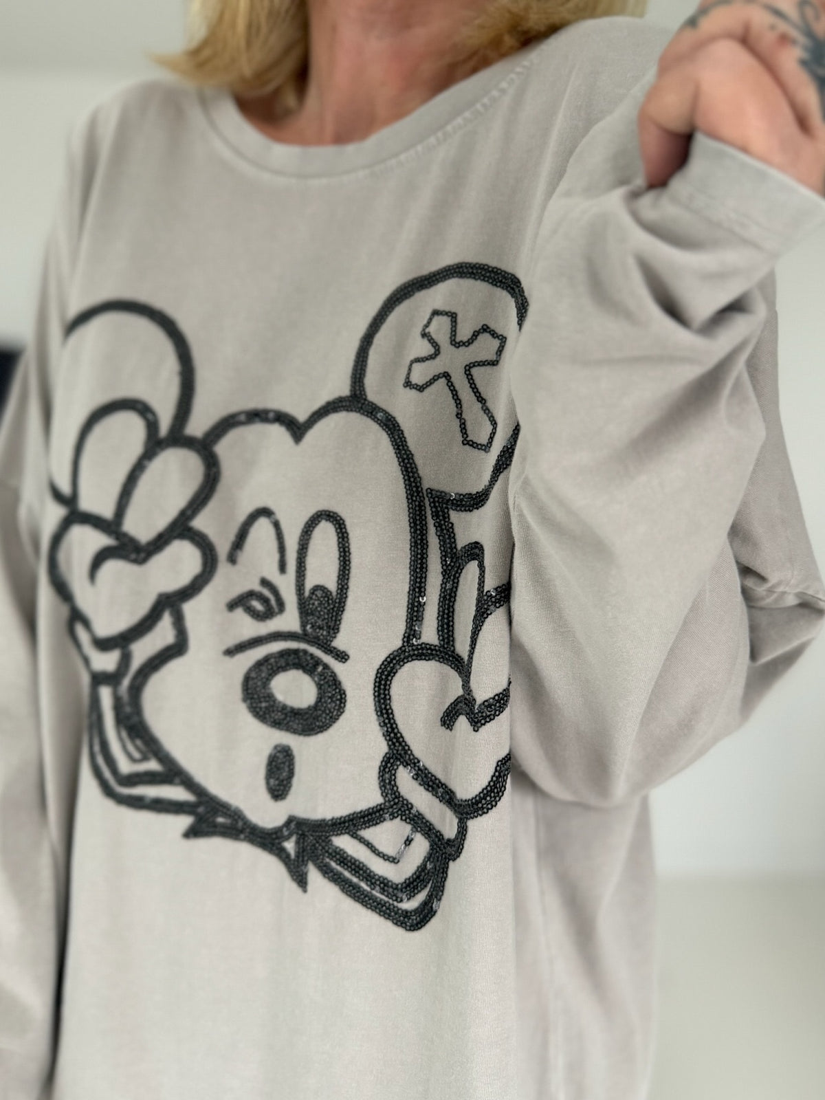 Oversized Shirt mit Paillettenprint - stone-washed-beige