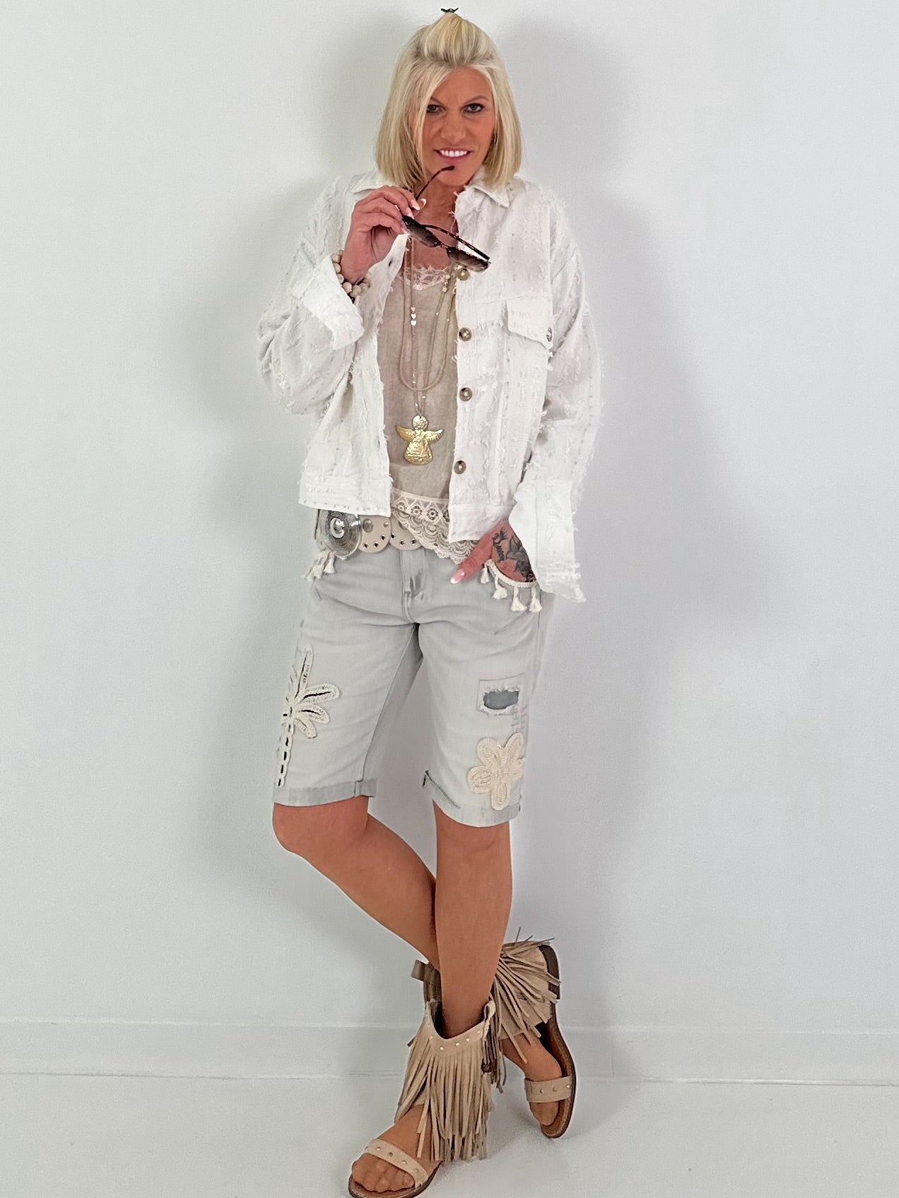 Boho Jacke mit Paillettendetails - weiss