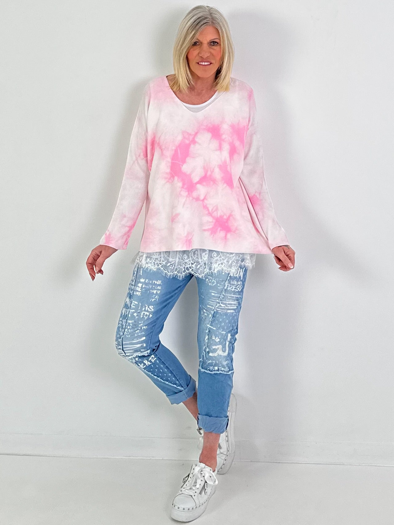 Pullover Batikmuster - weiss-rosa