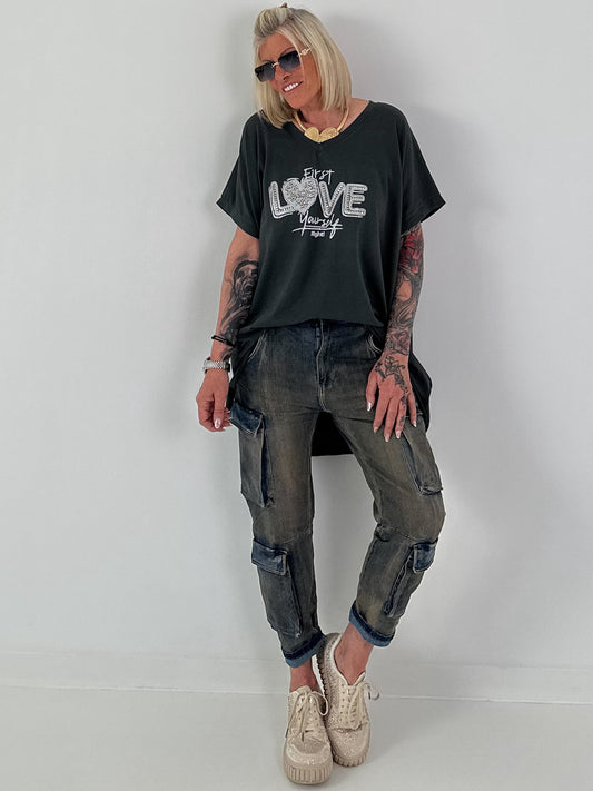 T-Shirt mit Strassdetail - anthrazit