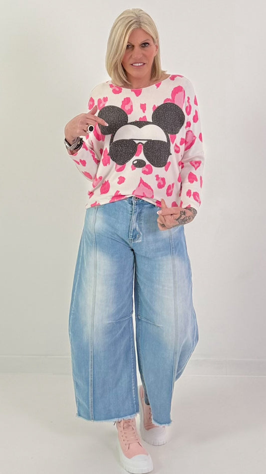 Lichtgewicht trui met all-over print - roze en wit