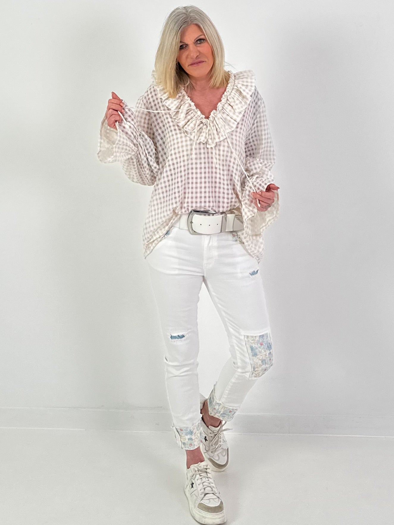 Oversized Tunika mit Vichy Muster - beige-weiss