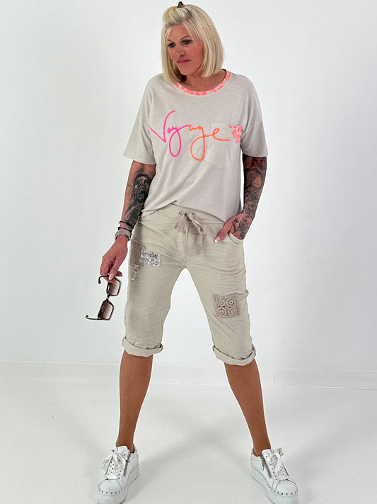 T-Shirt with leopard print details - beige