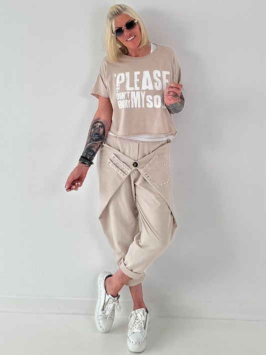Kurzes Kastiges Shirt mit Print - beige