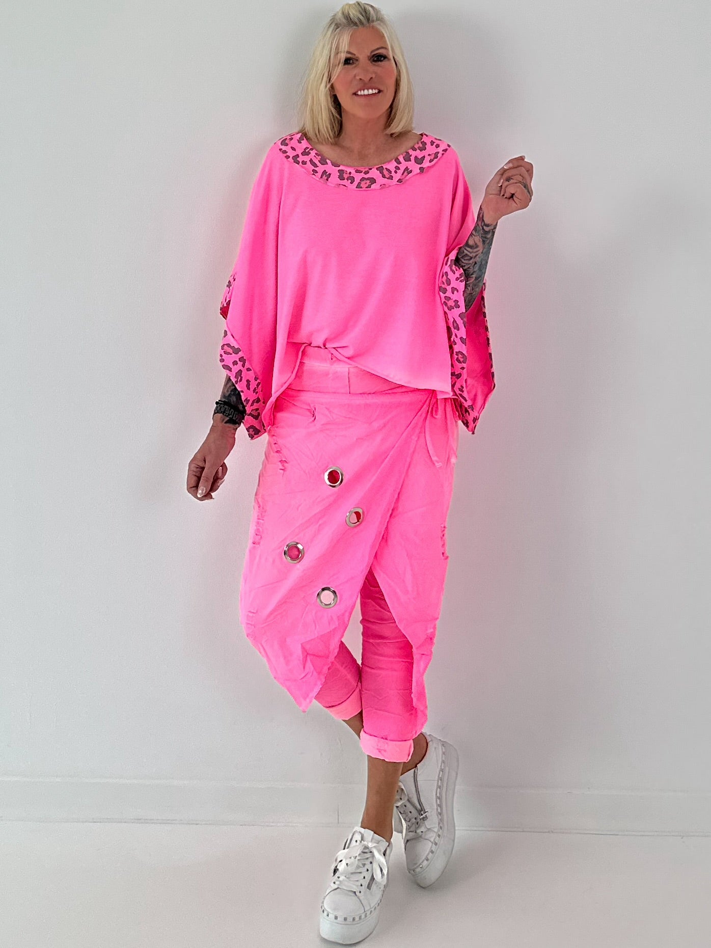 Poncho Shirt mit Leo Print - neonpink