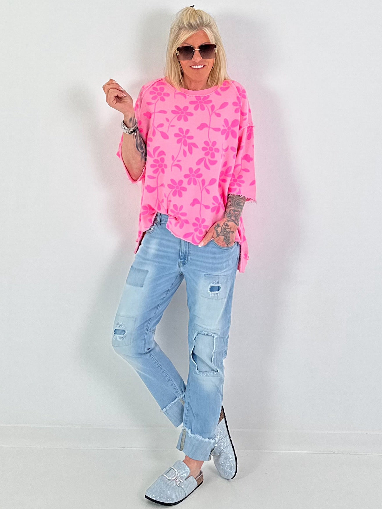 Sweater with floral all-over print - pink
