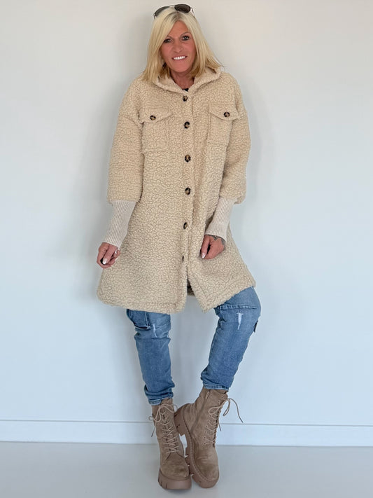 Teddymantel mit Stulpenärmeln - beige