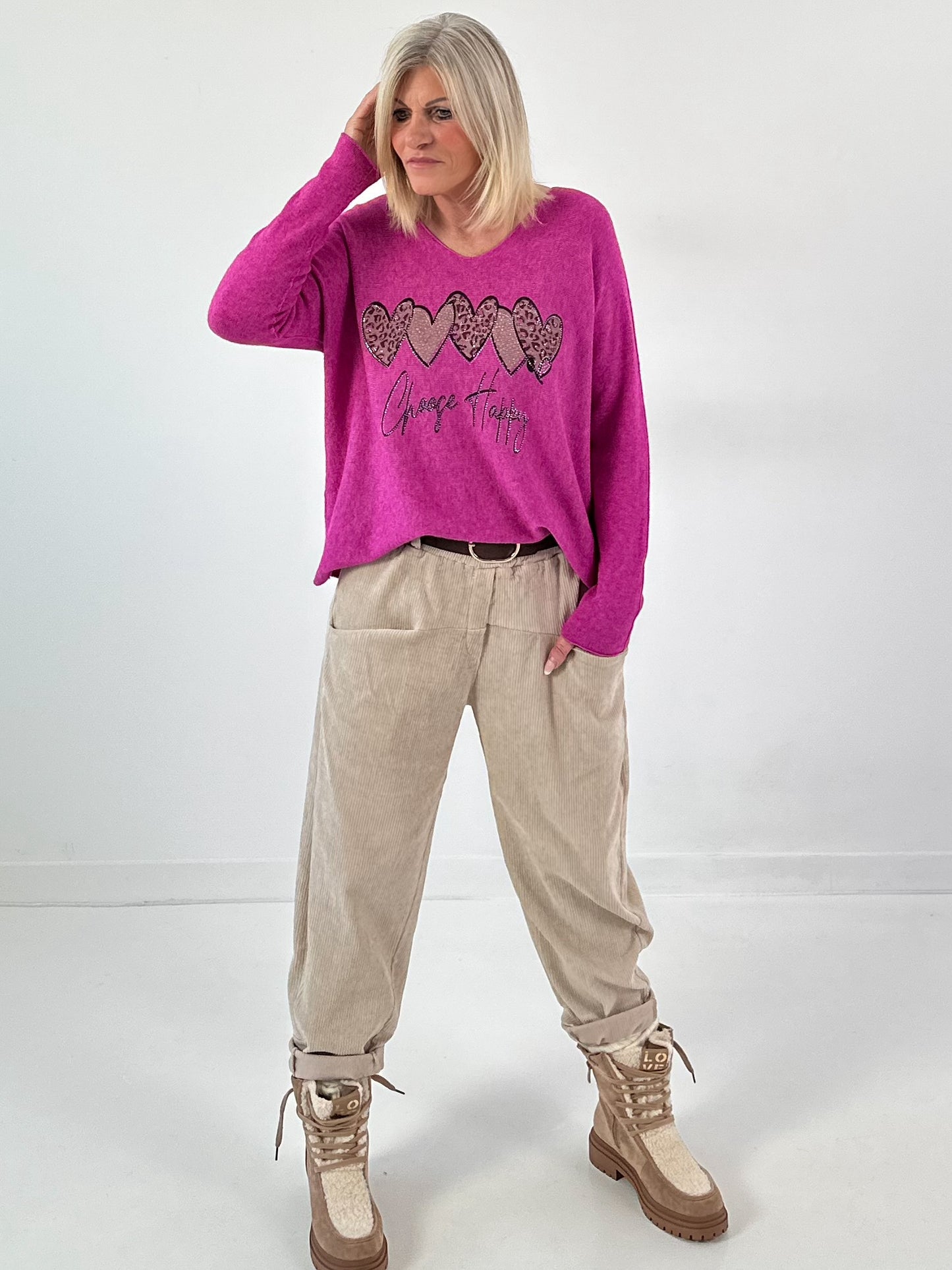 V-hals trui model "Choose Happy" - roze