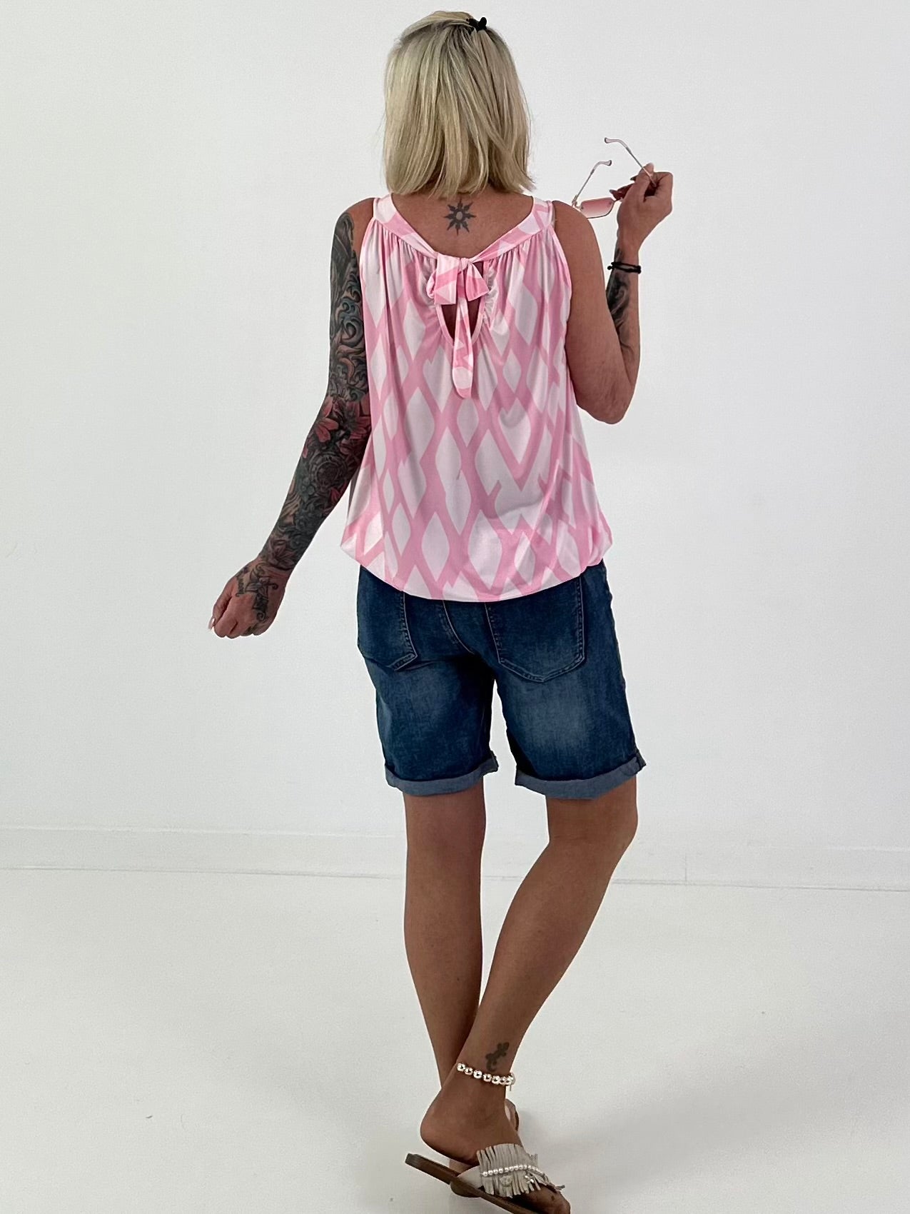 Halter-Neck Top with Allover Pattern - white-pink