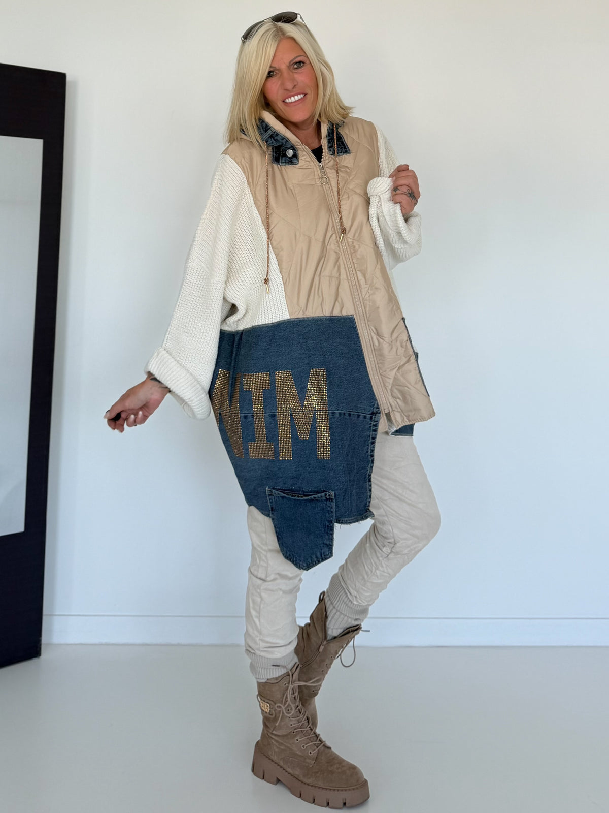 Asymmetrische Oversized Jacke im Materialmix - beige-ecru-denim