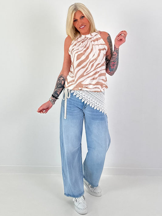 Neckholder Top mit Muster - beige-weiss