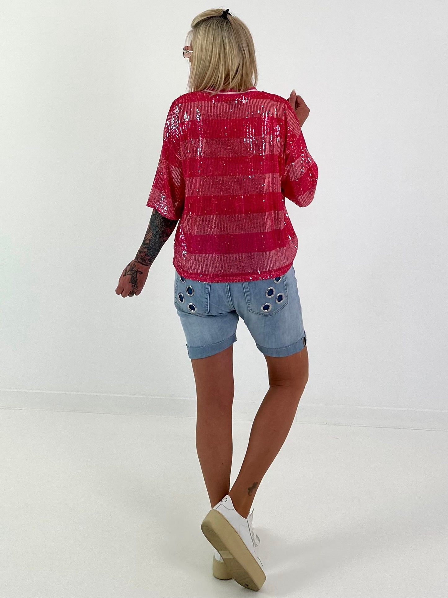 Pailletten Shirt mit Streifen - pink-rosa
