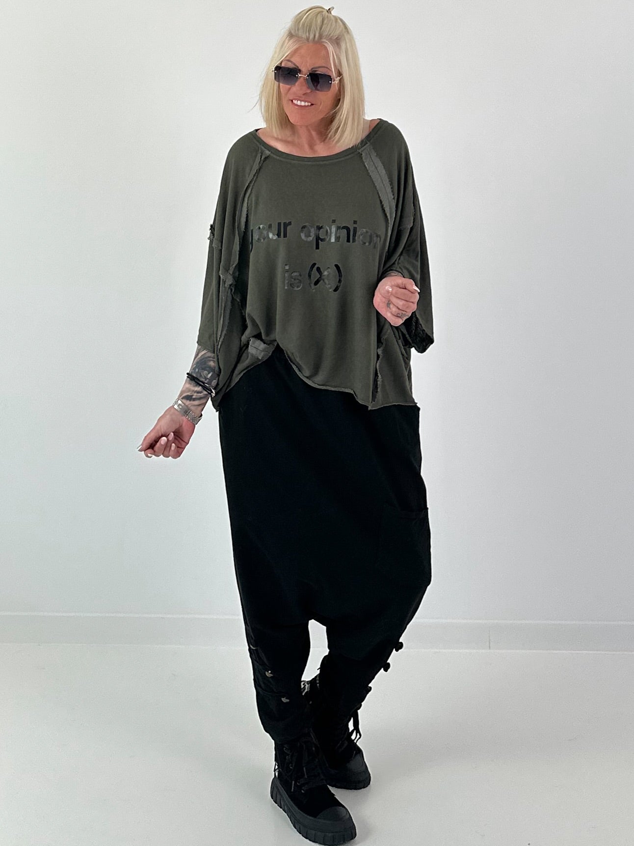 Oversized gebreid shirt met statementprint – olijf