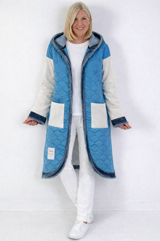 Sweatmantel mit Kapuze und Steppfront - beige-blau