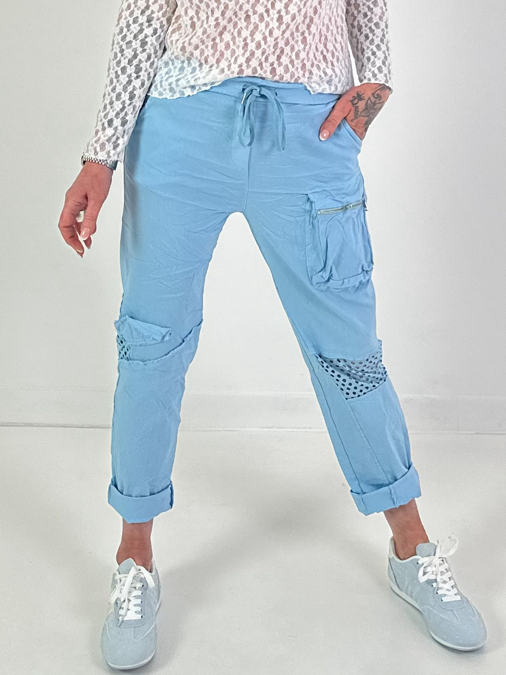 Trousers with mesh insert - light blue