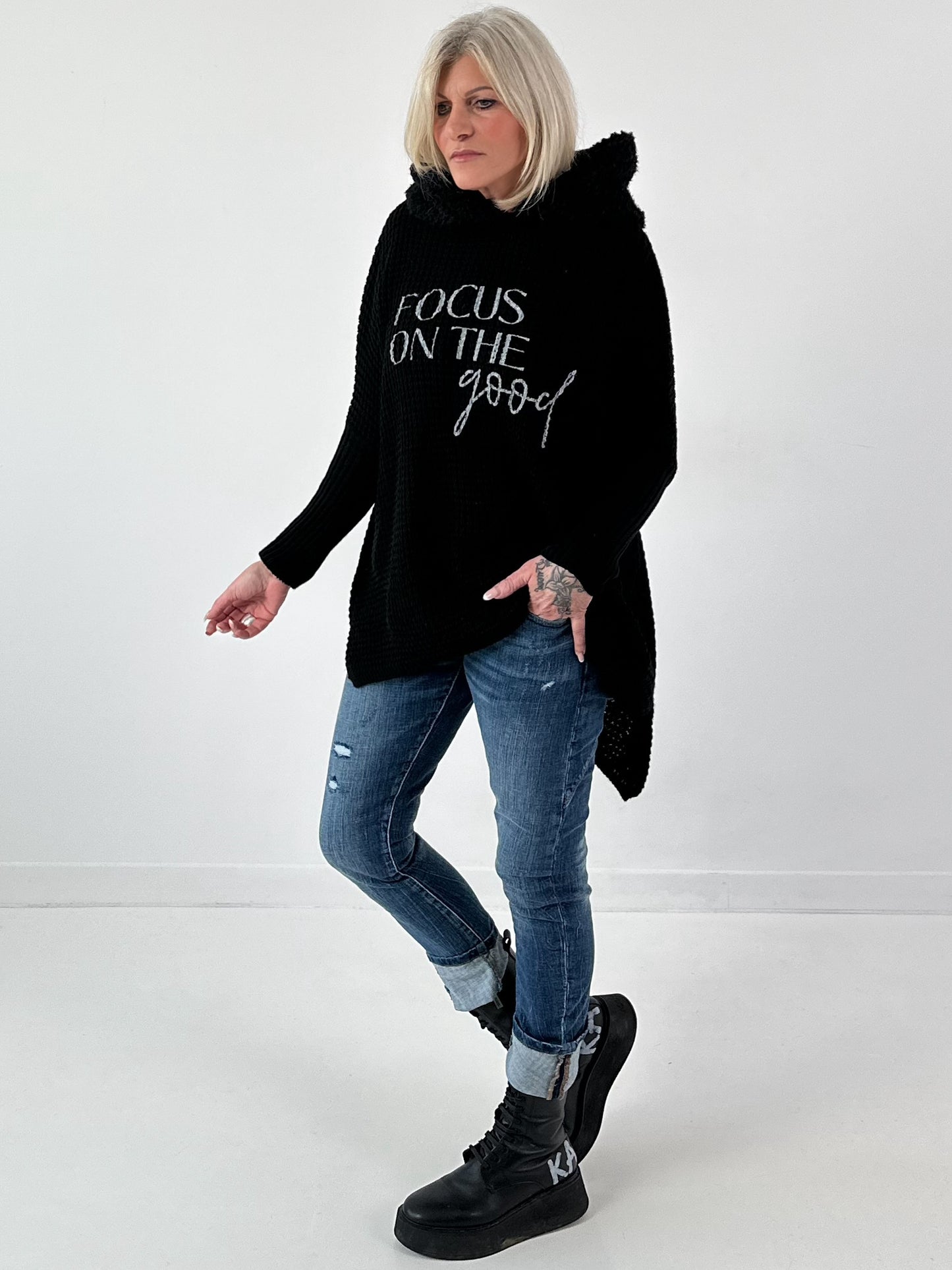 Pullover mit Teddy Kapuze Modell "Good Focus" - schwarz