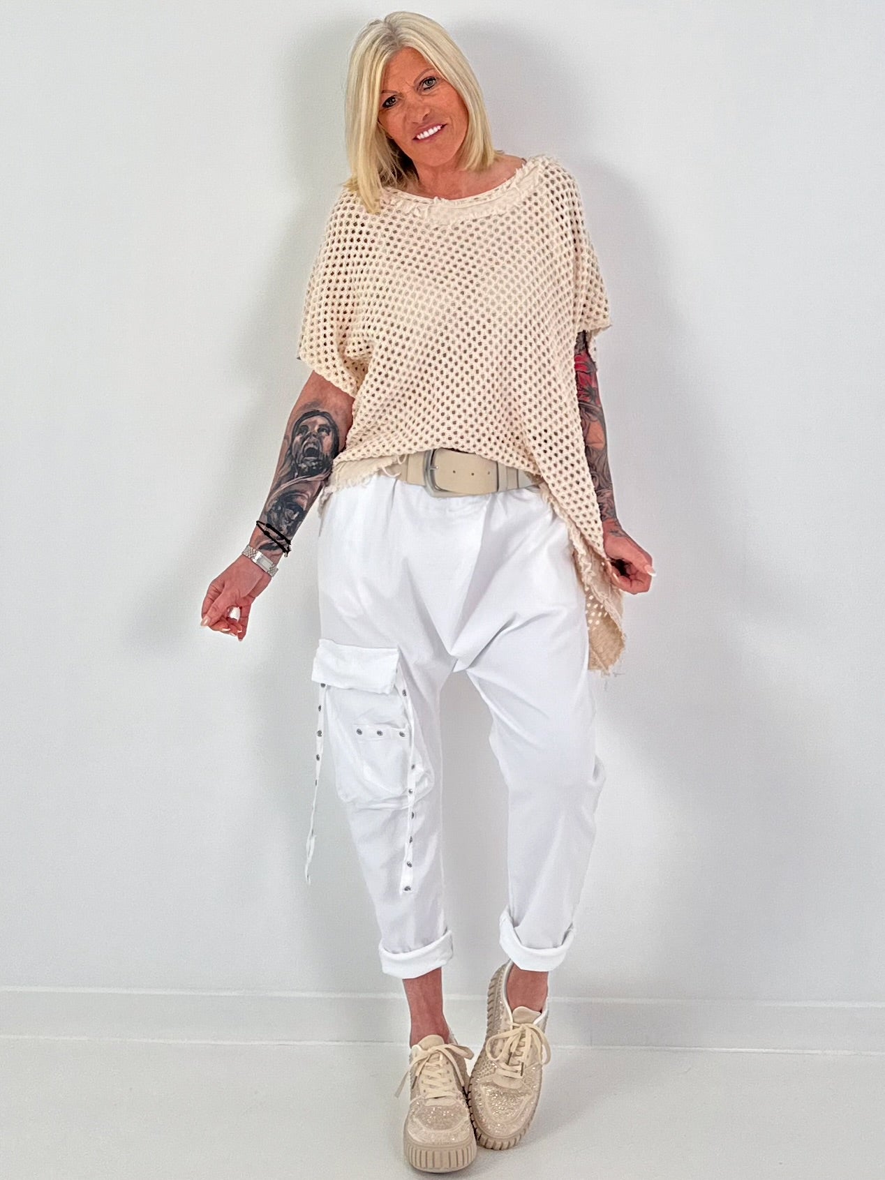 Häkelshirt mit Fransen asymmetrisch - beige