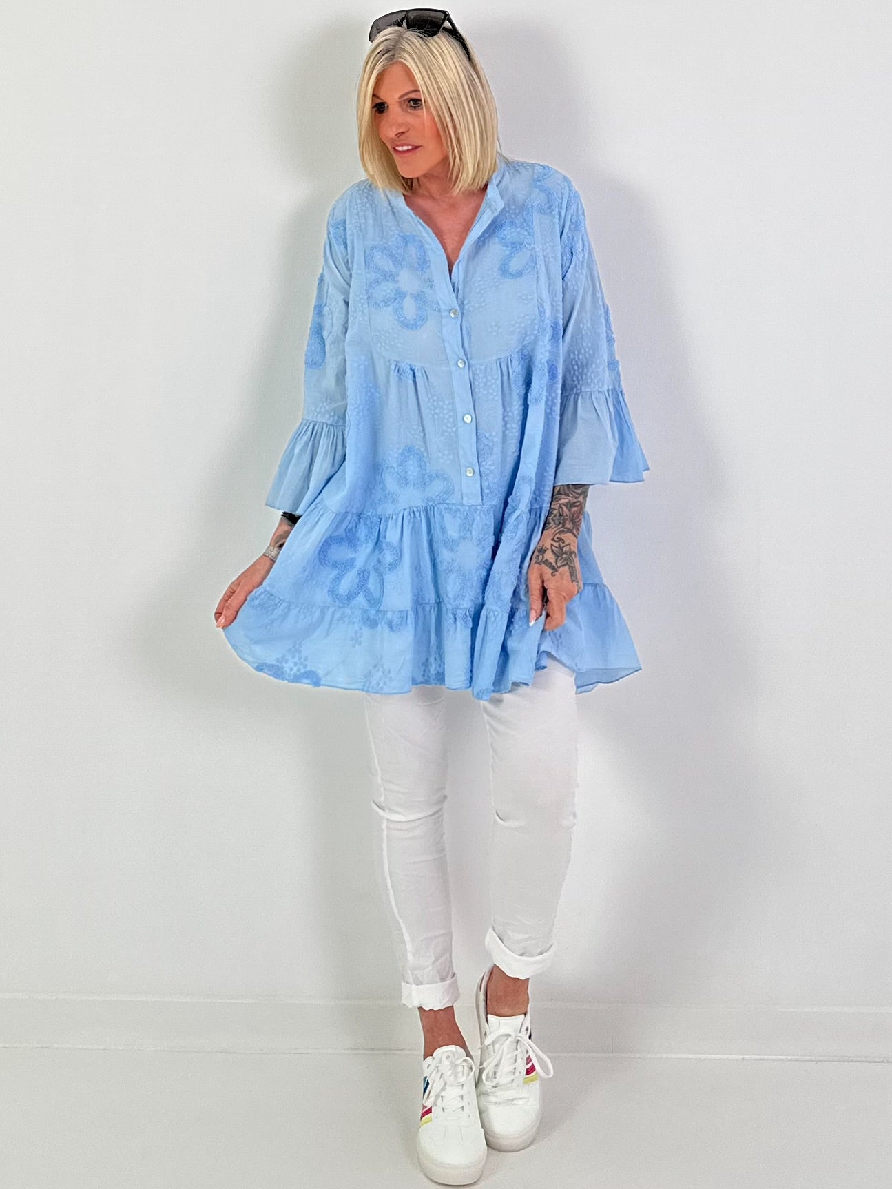 Tunic/Dress with Terry Appliqué - light blue
