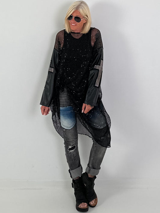 Stylisches Long-Netzshirt mit Details Kreuz - schwarz