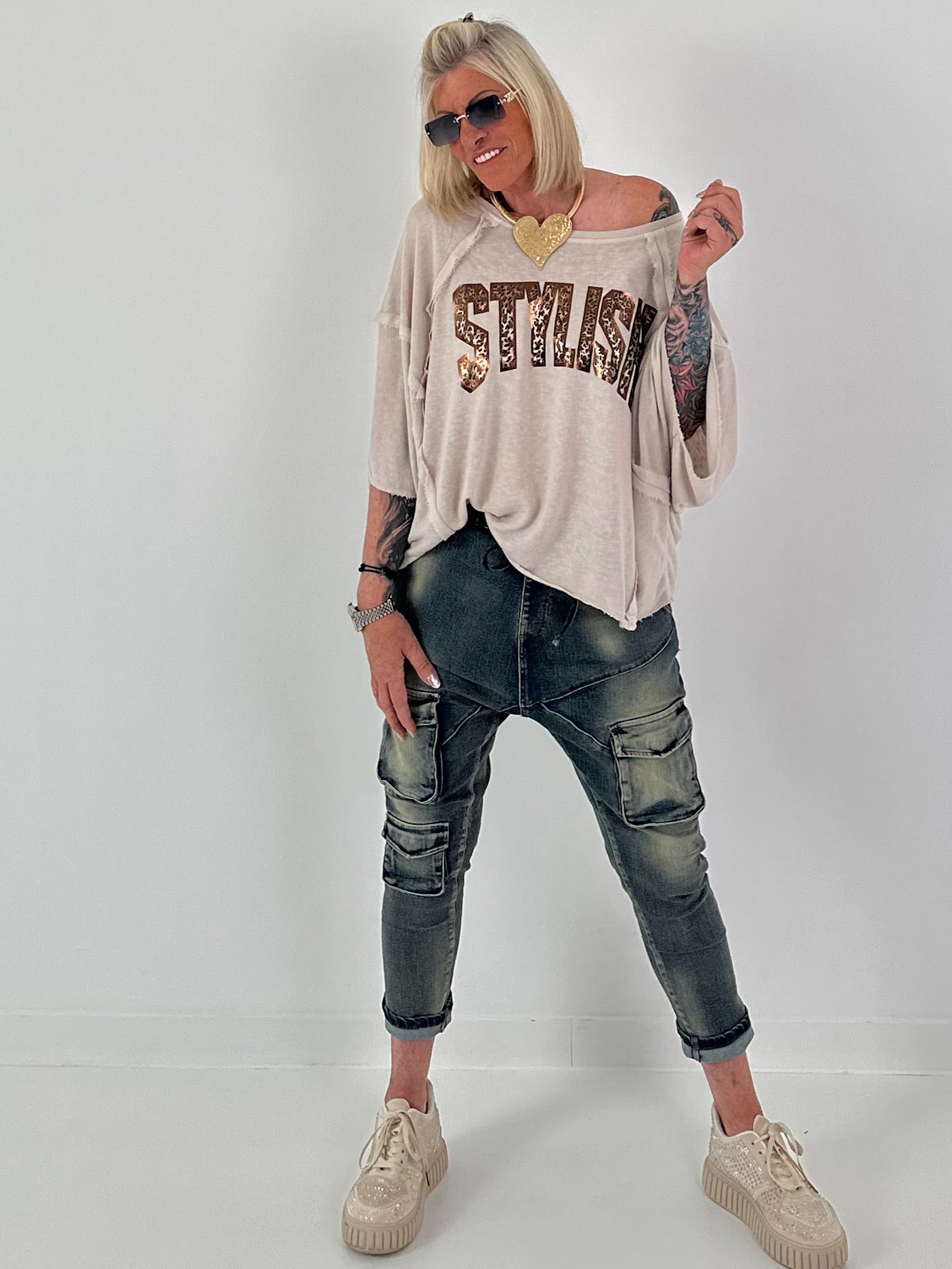 Strick Shirt mit Leo-Print - beige