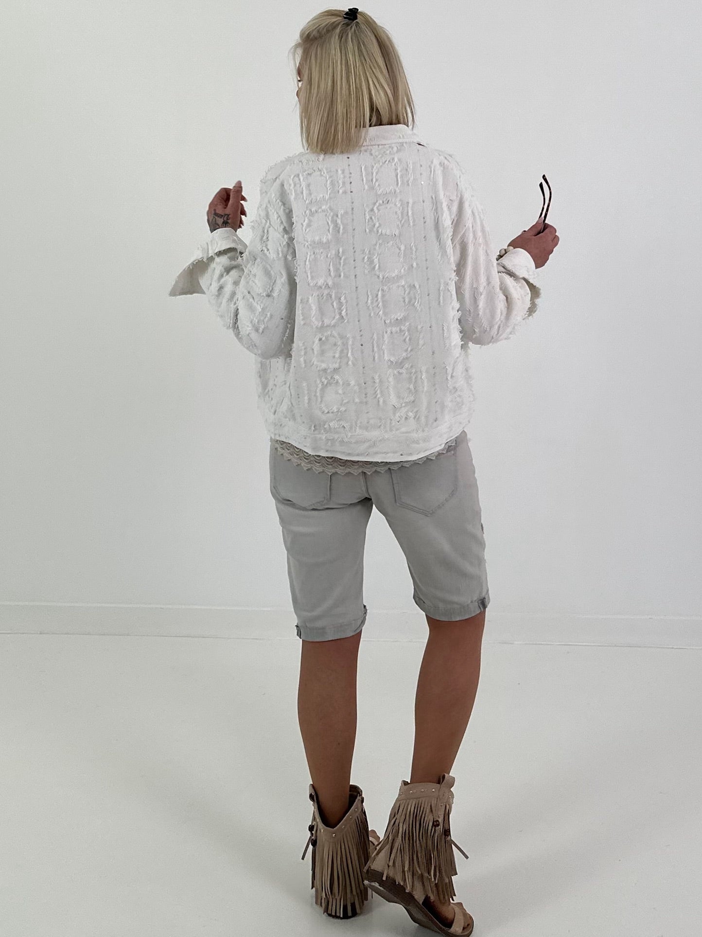 Boho Jacke mit Paillettendetails - weiss
