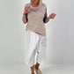 Ripp Top mit Glitzer Leo - beige